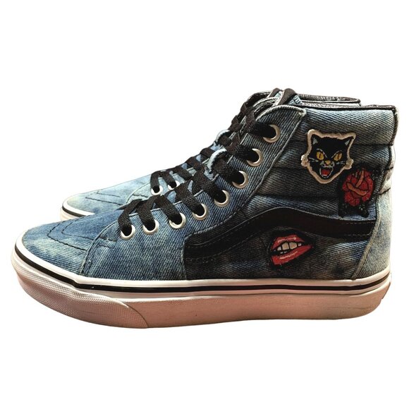 Vans Sneakers Womens Size 6 Blue Denim Acid Wash Patches High Top Skater Shoes - Picture 3 of 13